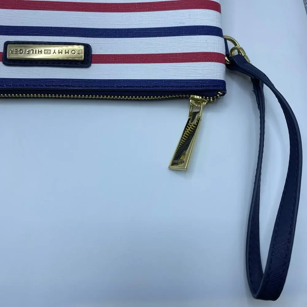Tommy Hilfiger Striped Leather Pouch Americana Clutch Wristlet Y2K Coastal Chic
